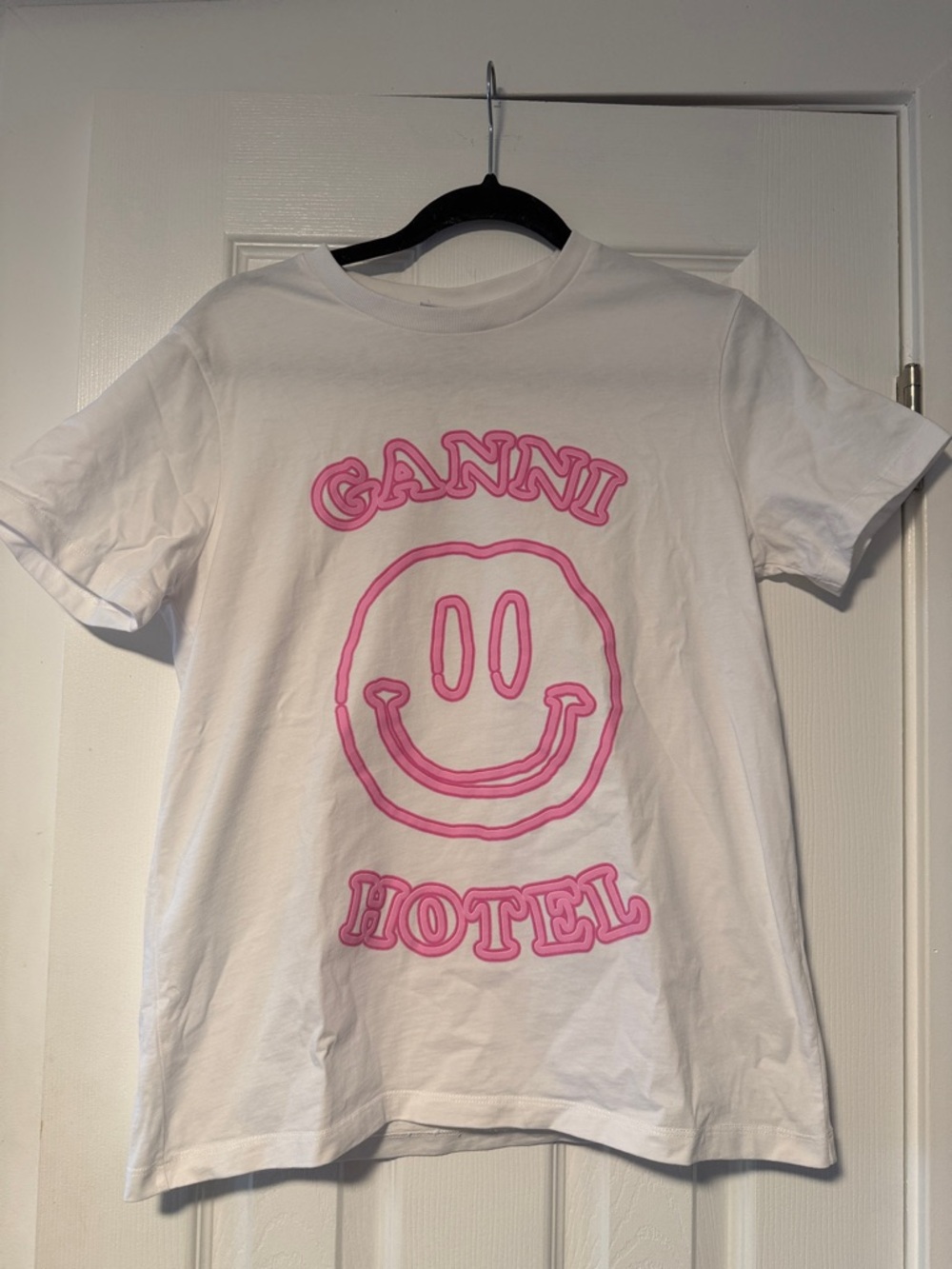 Ganni White Tee with Pink Smiley Logo
